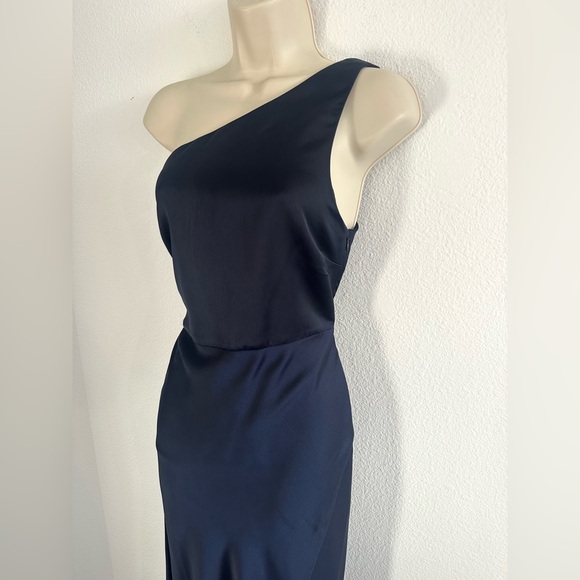 BHLDN Dress Scottie One Shoulder Navy Blue Evening Gown Slit Elegant Sz 8 Satin - Picture 9 of 13
